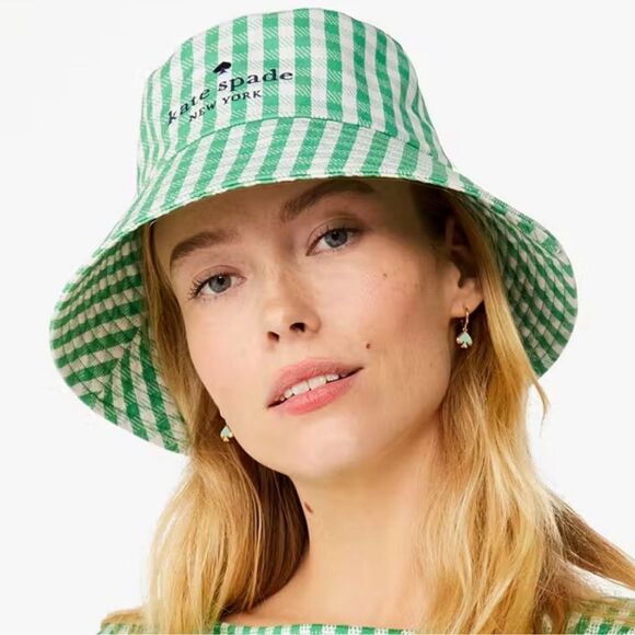 Kate Spade Jazzy Gingham Bucket Hat Green White One Size - Picture 2 of 7